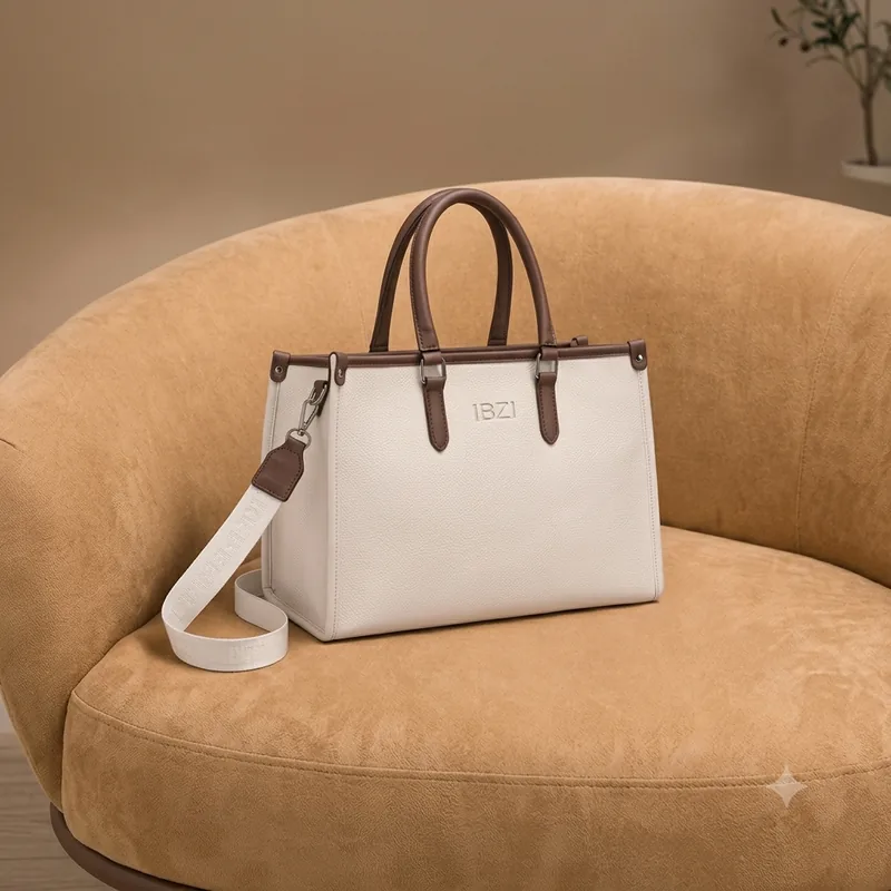 IBZI ivory tote with brown leather handles on a camel armchair