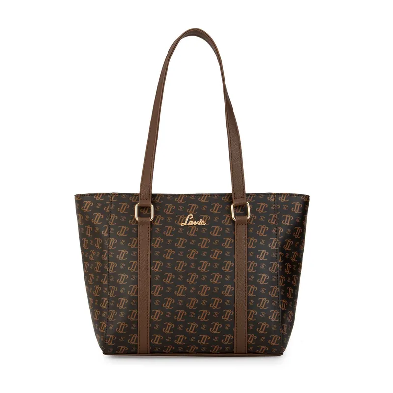 Dark brown monogram-print tote with shoulder straps