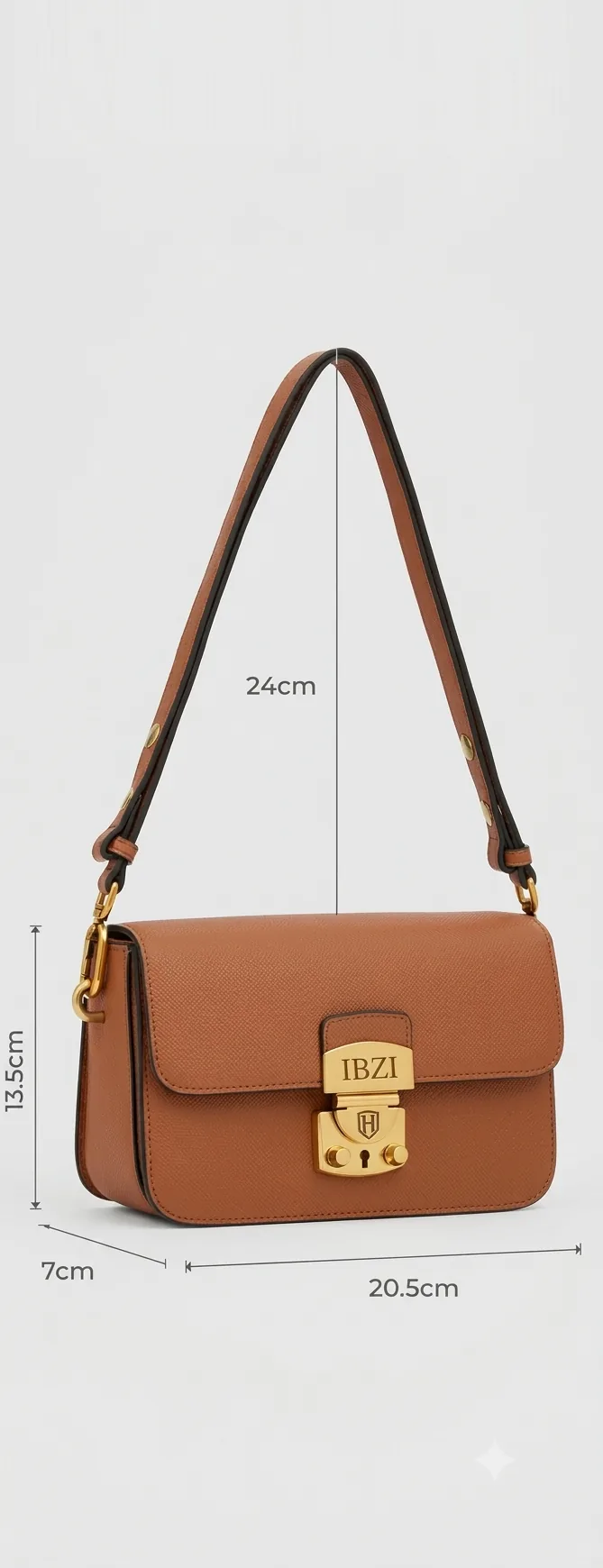 IBZI tan flap shoulder bag with gold push-lock, shown with dimensions