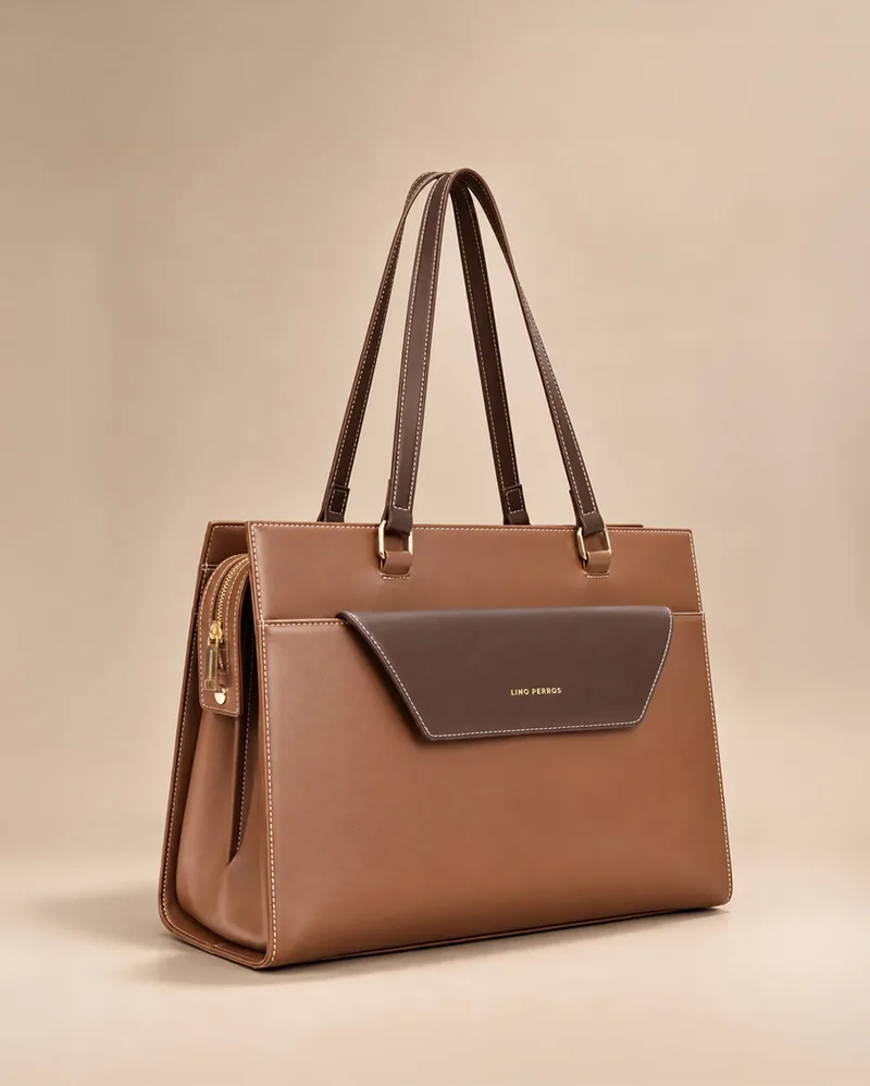 Brown leather work tote with contrast flap pocket